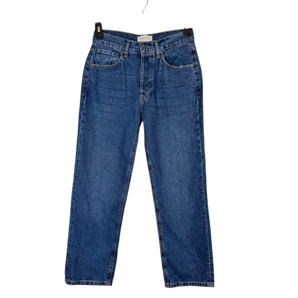MOTEL Crop Jeans Sz 26 High Rise Relaxed Blue Med Wash Straight Leg Button Fly